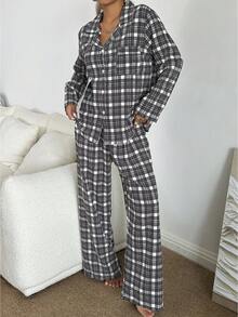 SHEIN 女士休闲黑白格纹印花长袖上衣和裤子睡衣套装，两件套睡衣，秋冬服装，圣诞节