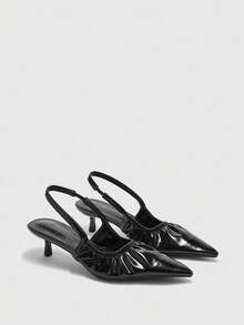 CUCCOO BIZCHIC 女士时尚尖头黑色超柔软 PU 皮革松紧带褶皱低鞋面细高跟凉鞋 - 黑色 - 查看 6