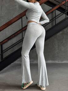 INAWLY 2pcs Women's Solid Color Cropped Long Sleeve Top And Pants Casual Set, Spring Summer Fall Cloth For Women - Grey - View 2