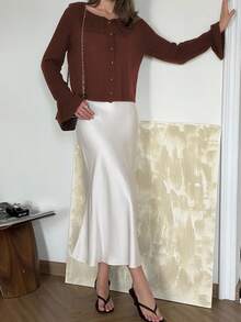 INAWLY 女士棕色翻领设计喇叭袖纽扣前开衫，适合秋冬季 - 咖啡棕 - 查看 5