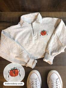 INAWLY 万圣节南瓜刺绣图案撞色南瓜蝴蝶结运动衫 - 灰色 - 查看 3