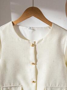 SHEIN Sparklyn 少女优雅通勤圆领外套，秋冬季 - 白色 - 查看 4