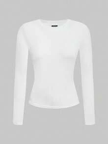 SHEIN EZwear 2pcs/Set Women White Crew Neck Casual Slim Fit Long Sleeve T-Shirt Set, Suitable For Autumn/Winter,White Shirt - White - View 3