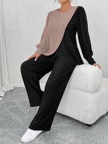 EMERY ROSE Plus Size Crew Neck Long Sleeve Soft Knit Ribbed Asymmetrical Patchwork Top & Straight Leg Pants 2 Pieces Set,Black,Autumn,Smart Casual,Vacation Fall - Multicolor - View 3