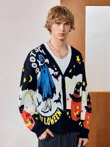 Manfinity Roghcode Men's Pumpkin & Letter Pattern Long Sleeve Single-Breasted Casual Knit Cardigan, For Halloween , Fall Winter - Multicolor - View 4