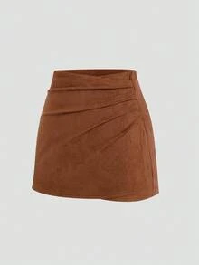 Vibekara Plus Size Brown Pleated Asymmetric Decorative Zipper Back Suede Fuzzy Short Skirt, Minimalist Commuter Style, Autumn/Winter - Brown - View 8