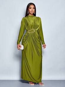 SOLERSUN Đầm ôm body dài tay trang trí kim loại màu trơn thanh lịch cho nữ trang phục dự tiệc cưới lãng mạn, tiệc tốt nghiệp, tiệc vũ hội - Màu xanh Ô liu - Xem 7