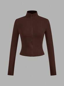 SHEIN EZwear 2pcs Dark Brown & Black Knit Zip-Up Long Sleeve T-Shirts For Women, Autumn/Winter - Multicolor - View 4