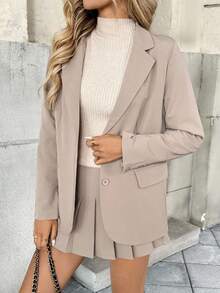 New Lapel Collegiate Style Slimming Fashion Long Sleeve Pleated Skirt Women's Suit Set - Khaki - View 3