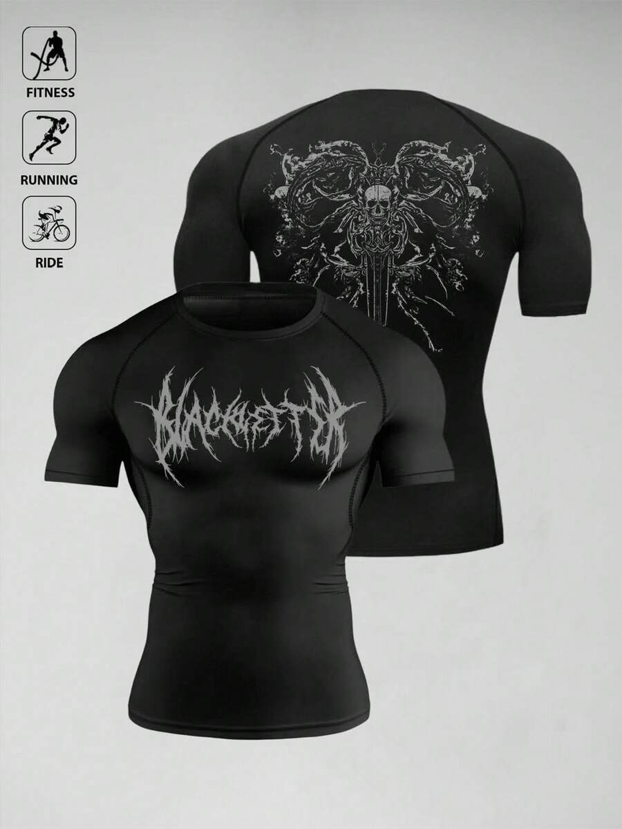 Manfinity Acti Log Men's Casual Printed Round Neck Short Sleeve T-Shirt Rash Guard Men Gym Compression Shirt Wrestling Shirt Compression T Shirt Men Graphic Compression Shirt Compression Shirt Men - Black - View 1