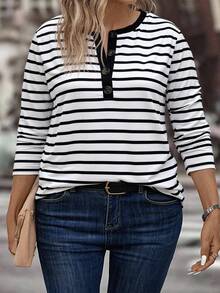 EMERY ROSE New Plus Size Women Fashion Printed Striped Button Long Sleeve Blouse - Multicolor - View 4