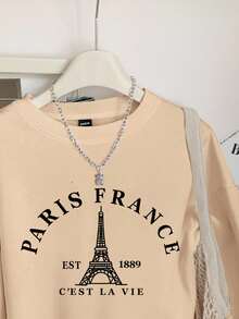 SHEIN EZwear Sweat-shirt-shirt ample à col rond imprimé de la Tour Eiffel, style minimaliste décontracté. Manches longues épaisses, convient pour l'automne/l'hiver - Nude - Voir 6