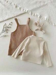 Cozy Pixies 2件套女婴针织柔软高领长袖毛衣上衣和围裙套装 - 卡其色 - 查看 2