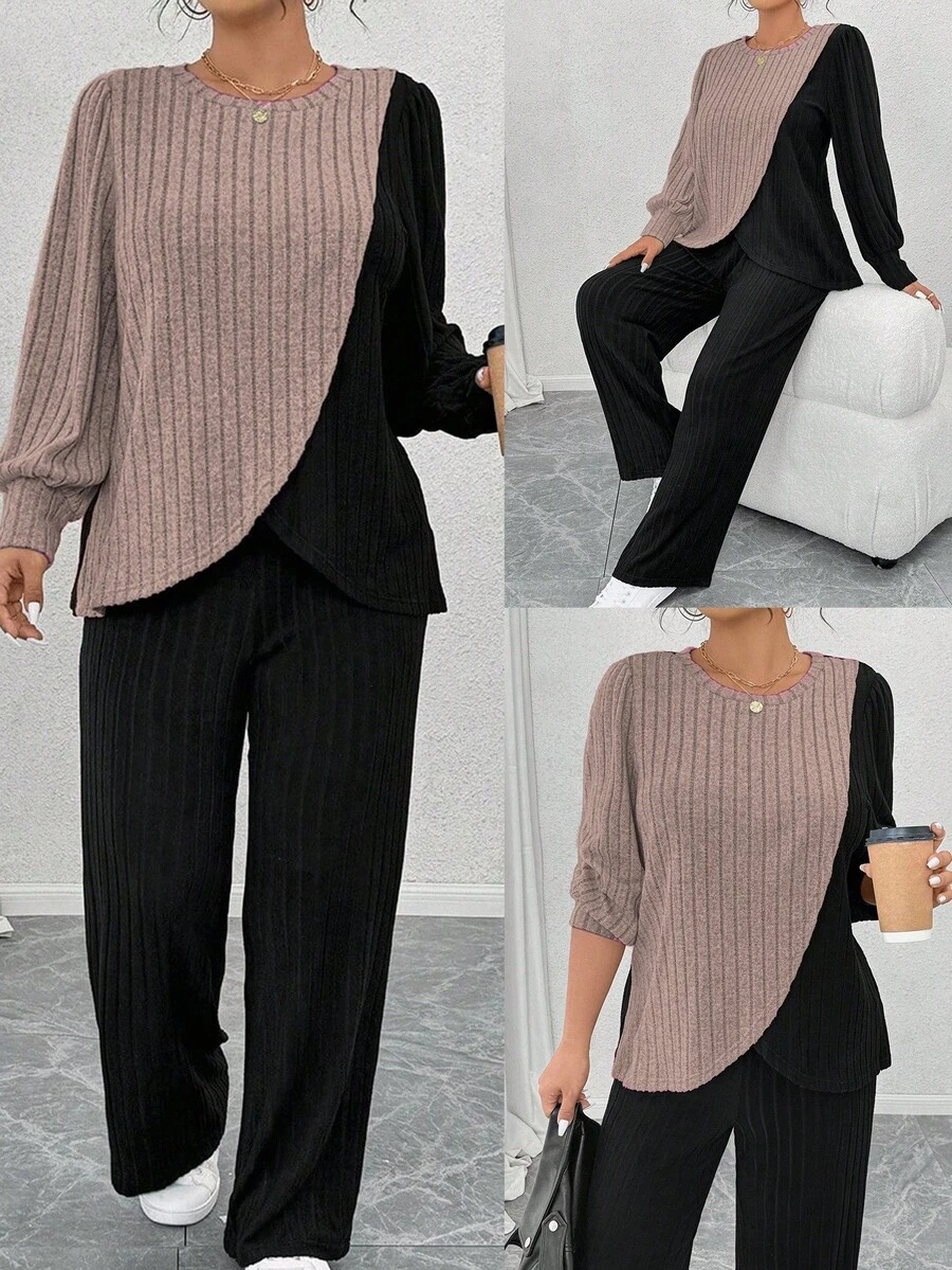 EMERY ROSE Plus Size Crew Neck Long Sleeve Soft Knit Ribbed Asymmetrical Patchwork Top & Straight Leg Pants 2 Pieces Set,Black,Autumn,Smart Casual,Vacation Fall - Multicolor - View 1