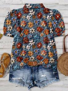 EMERY ROSE Plus Size Casual Minimalist Allover Floral Print Shirt - Multicolor - View 2
