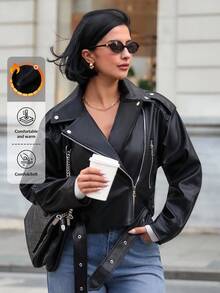 EURMUSE Woman Leather Long Sleeve Belted Zipper Asymmetric Front Zip Up Pockets Autumn Winter Lady Going Out Coat Jacket Women S Street Wear - Black - View 1