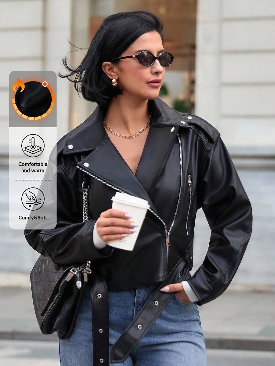 EURMUSE Woman Leather Long Sleeve Belted Zipper Asymmetric Front Zip Up Pockets Autumn Winter Lady Going Out Coat Jacket Women S Street Wear - Black - View 1