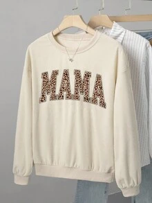 EMERY ROSE Áo nỉ nhung cổ tròn tay dài in chữ MAMA thời trang tối giản dành cho nữ, quà tặng bạn bè, mùa thu/đông - Màu be - Xem 5