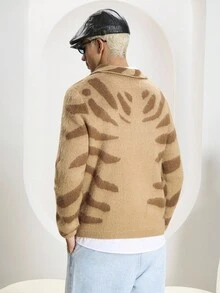 STEELVANCE 男士休闲拼色翻领长袖毛衣，秋冬 - 棕色 - 查看 2