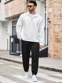 EASEVO Men's Plus Size Fashion Casual Solid Color Half Zip Pullover Sweatshirt, Fall, Winter, Long Sleeve Top - White - View 5