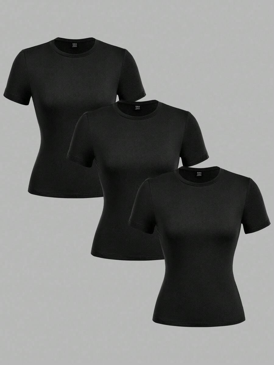 SHEIN EZwear 3pcs Women Casual Crew Neck Bodycon Long Sleeve T-Shirt Set - Black - View 1