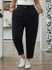 SHEIN CURVE+ 大码女式荷叶边腰袋锥形休闲牛仔裤 - 黑色 - 查看 7