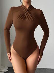 Firerie 优雅现代性感时尚休闲家居服百搭红色荷叶边领紧身衣，长袖紧身衣 - 咖啡棕 - 查看 2