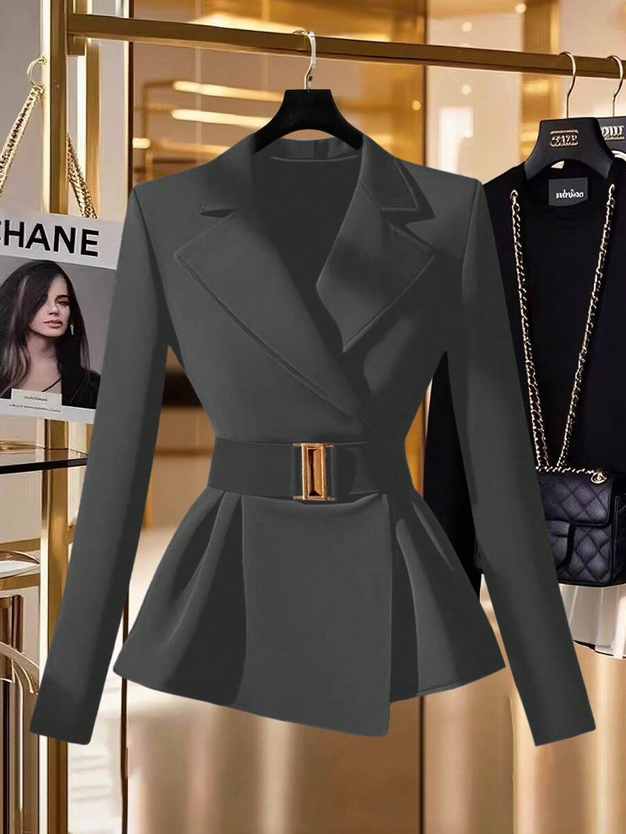 GlowEve 女式优雅缺口领收腰黑色西装外套 - 灰色 - 查看 1