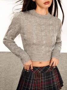 INAWLY Sweater Rajut Kabel Lengan Panjang Warna Polos untuk Wanita, Serbaguna untuk Musim Gugur/Musim Dingin - Grey - View 5
