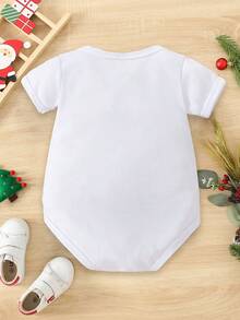 SHEIN Playful Pals Christmas Newborn Baby Boy Fashionable Creative Cartoon Cute Reindeer Red & Black Plaid Numeral Graphic Funny Slogan Print Round Neck Short Sleeve Bodysuit, Suitable For All Seasons - White - View 2