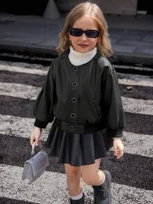 Áo khoác da PU cổ tròn tay dài màu nâu phong cách đường phố dành cho bé gái, thiết kế đơn giản với hàng nút viền đen đơn, túi giả, cổ tay và gấu áo có gân, áo khoác thời trang và thoải mái cho mùa xuân/thu - màu đen - Xem 5