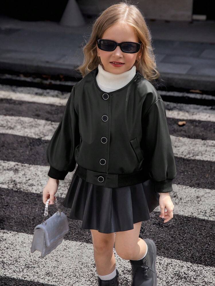 Áo khoác da PU cổ tròn tay dài màu nâu phong cách đường phố dành cho bé gái, thiết kế đơn giản với hàng nút viền đen đơn, túi giả, cổ tay và gấu áo có gân, áo khoác thời trang và thoải mái cho mùa xuân/thu - màu đen - Xem 5