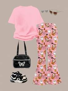 Set de 2 piezas de camiseta de manga corta de cuello redondo y pantalones acampanados con estampados casuales de calabaza, fantasma, telaraña, murciélago, calavera y animal, diseños lindos de dibujos animados para niñas, ropa de otoño adecuada para salidas, fotografía callejera, hogar, fiesta de Halloween, fiesta de animales - Multicolor - Ver 2