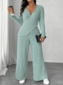 Calvaya Bộ đồ mặc nhà thường ngày 2 món áo thun dài tay dệt kim gân mềm mại cỡ lớn + quần ống rộng gân mềm mại - Màu xanh nhạt - Xem 4