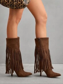 CUCCOO SZL 女士时尚尖头细高跟棕色流苏性感优雅过膝靴 - 摩卡棕 - 查看 7
