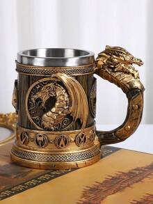 1 件复古中世纪翼手龙水杯，600 毫升/20.29 盎司不锈钢大容量马克杯，创意树脂浮雕装饰绅士饮水套装，夏季饮料杯，咖啡杯，装饰杯。男士礼物，父亲节礼物。 - 彩色 - 查看 2