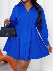 Maweii Plus Size Solid Color Turndown Collar Button Down Front Pleated Long Sleeve Dress Fall Cloth For Women - Royal Blue - View 2