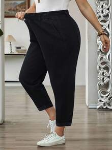 SHEIN CURVE+ 大码女式荷叶边腰袋锥形休闲牛仔裤 - 黑色 - 查看 5