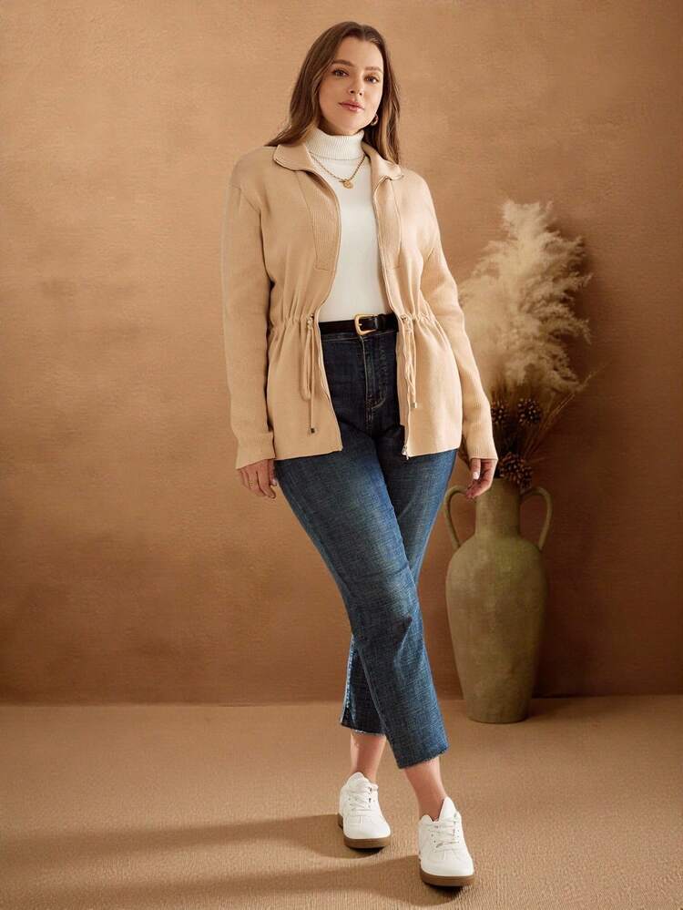Plus Size Women's Solid Color Long Sleeve Zip Front Drawstring Waist Casual Knit Cardigan Winter Fall Autumn
