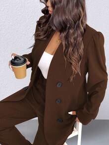 SHEIN Clasi Plus Size Casual Commuter Solid Color Jacket And Pants Suit - Coffee Brown - View 4