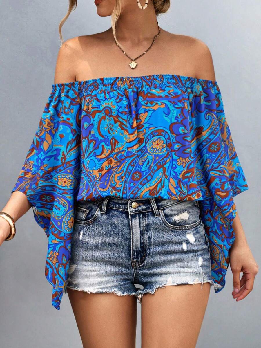 Breezaya Blusa de hombros descubiertos con estampado vintage para mujer - Azul - Ver 1