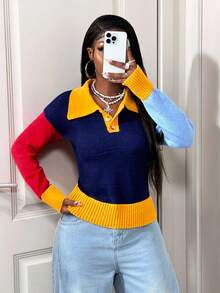 BamGleam Suéter de Tricô Casual com Mangas Longas, Gola Colorida para Outono/Inverno Feminino - Multicolorido - Visão 3