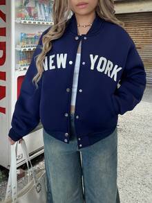 INAWLY Women's Casual Sports College Style Letter Embroidery Drop Shoulder Loose Baseball Jacket - Navy Blue - View 5