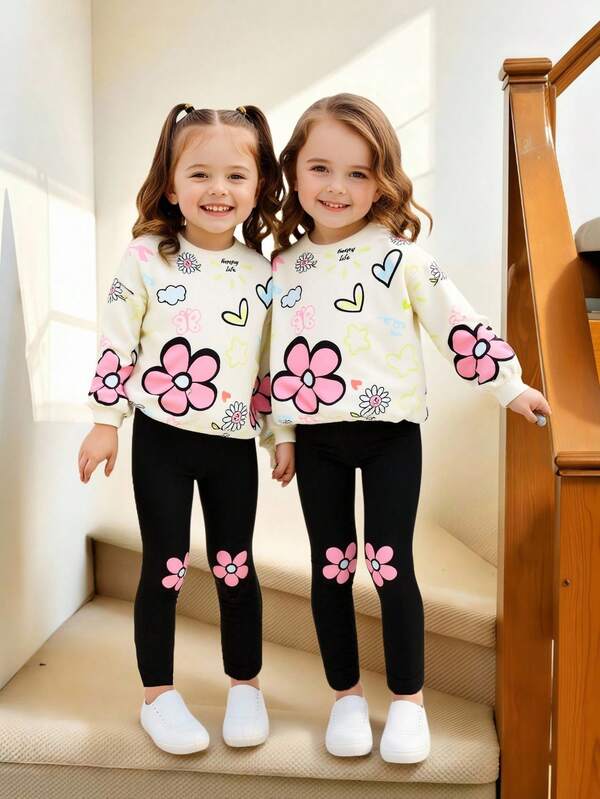SHEIN Young Girl Casual Fashion Cute Knitted Crew Neck Sweatshirt With Printed Long Sleeve And Leggings Set Fall Winter