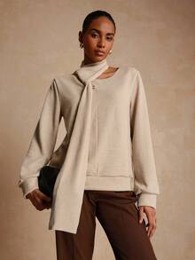 Lyxana Women's Casual Ribbed Cowl Neck Solid Color Minimalist Long Sleeve Sweatshirt - Brown - View 6