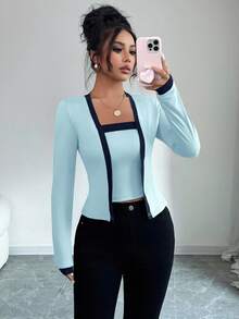 Elenzga 2 件套女士针织拼布优雅开衫和无袖上衣套装 - 彩色 - 查看 5