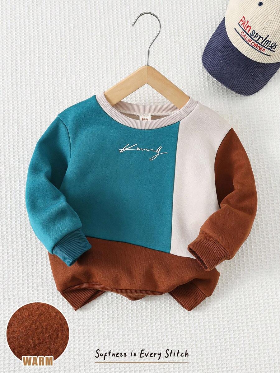 Cozy Pixies 秋冬款小男孩拼色字母图案针织圆领长袖套头衫 - 綠色 - 查看 1