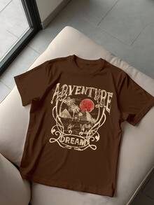 Manfinity Homme Montage Insel Pyramide Palme Grafik Muster Lässig Herren Braun T-Shirt