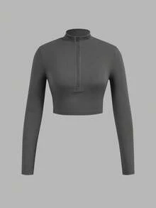 SHEIN EZwear 3 件套女式拉链罗纹面料高领长袖 T 恤套装，适合春秋季 - 彩色 - 查看 4