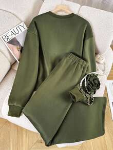 SHEIN 2 件套女士连帽运动衫和慢跑裤套装，时尚秋冬装 - 軍綠色 - 查看 2